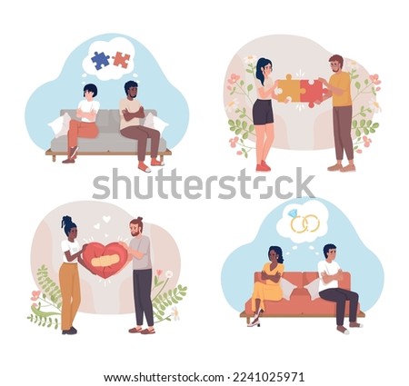 Couple fixing relationship 2D vector isolated illustration set. Marriage problems. Conflict flat characters on cartoon background. Colorful editable scene for mobile, website, presentation