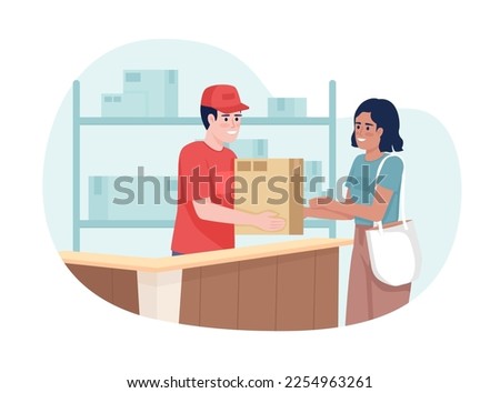 Local post office 2D vector isolated illustration. Female consumer picking up parcel from employee flat characters on cartoon background. Colorful editable scene for mobile, website, presentation