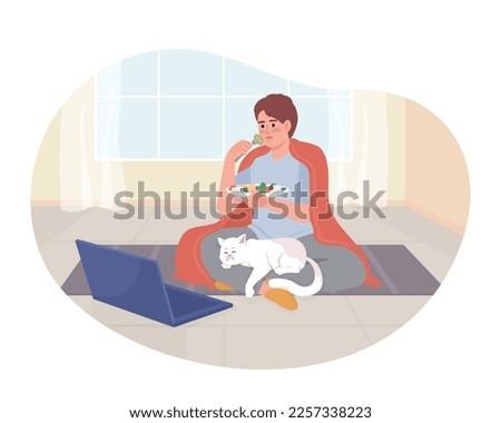 Binge watching tv series 2D vector isolated illustration. Boy eating salad with cat on lap flat character on cartoon background. Colorful editable scene for mobile, website, presentation
