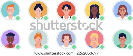 Smiling female and male flat vector avatar icons with green dots bundle. Editable default personas for UX, UI design. Colorful profile pictures collection for website, mobile, messaging app