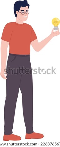 Happy man in glasses holding lightbulb semi flat color vector character. Editable concept. Full body person on white. Simple cartoon style spot illustration for web graphic design and animation