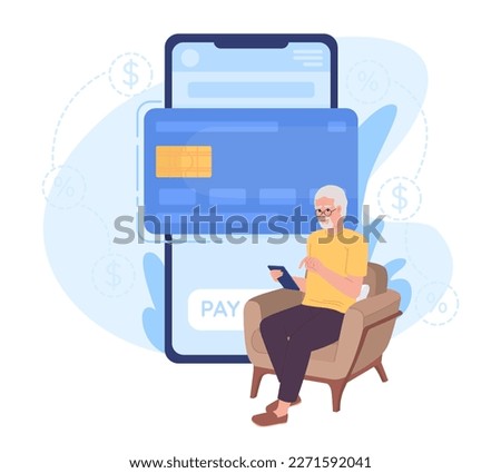 Mobile banking app for elderly flat concept vector spot illustration. Editable 2D cartoon character on white for web design. Senior citizen using card creative idea for website, mobile, magazine