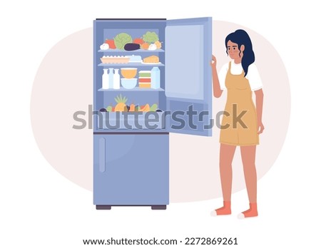 Keeping refrigerator full for energy efficiency 2D vector isolated spot illustration. Girl with appliance flat character on cartoon background. Colorful editable scene for mobile, website, magazine
