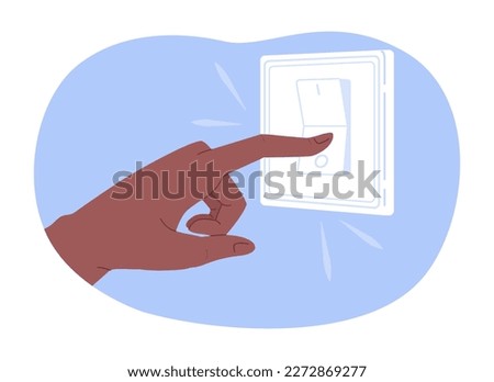 Turning off light to save electricity 2D vector isolated spot illustration. Lowering utility bills flat character hand on cartoon background. Colorful editable scene for mobile, website, magazine