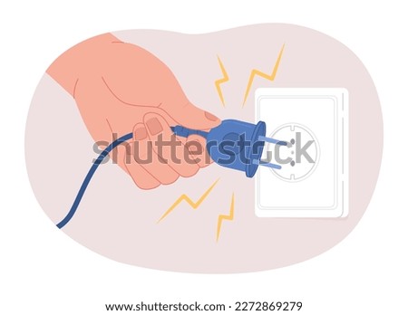 Disconnecting power cord 2D vector isolated spot illustration. Unplugging from outlet to saving energy. Flat character hand on cartoon background. Colorful editable scene for mobile, website, magazine Foto stock © 
