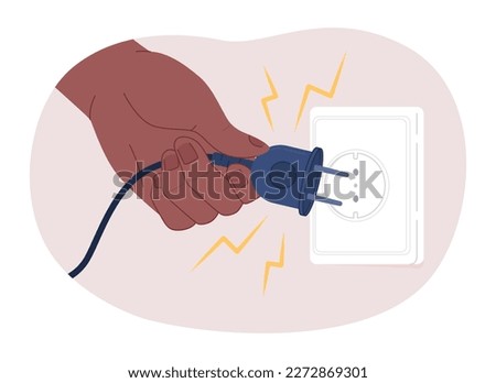 Unplugging devices 2D vector isolated spot illustration. Turning off electrical devices. Flat character hand on cartoon background. Colorful editable scene for mobile, website, magazine