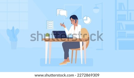 Phone sales rep flat color vector illustration. Salesperson making calls to customers. Cellphone salesman. Hero image. Fully editable 2D simple cartoon character with office open space on background