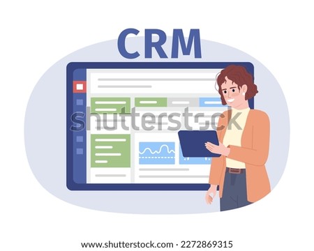 Salesperson using CRM software for sales flat concept vector spot illustration. Editable 2D cartoon character on white for web design. Creative idea for website, mobile app. Fira Sans Bold font used