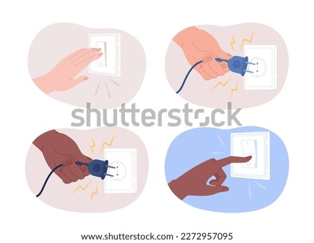 Unplug and turn off to save electricity 2D vector isolated spot illustration set. Conservation. Flat character hands on cartoon background. Colorful editable scene pack for mobile, website, magazine