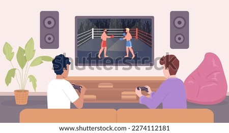 Console two-player fighting video game flat color vector illustration. Gamers boys playing together. Hero image. Fully editable 2D simple cartoon characters with living room, tv set on background