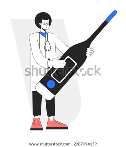 Physician with digital thermometer for fever flat line concept vector spot illustration. Doc 2D cartoon character on white for web UI design. Editable hero image for website landings, mobile headers