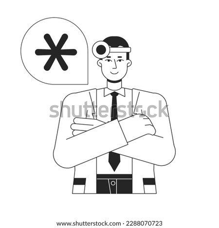 Professional licensed physician bw concept vector spot illustration. Emergency doc 2D flat line monochromatic cartoon character for web UI design. Editable hero image for landing page, mobile header