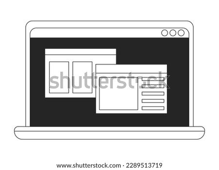 Open laptop with software windows flat line black white vector object. Notebook front. Editable cartoon style icon. Simple isolated outline spot illustration for web graphic design and animation
