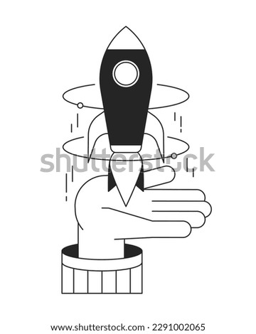 Startup founder bw concept vector spot illustration. Entrepreneur company 2D cartoon flat line monochromatic first view hand for web UI design. Editable hero image for landing page, mobile header