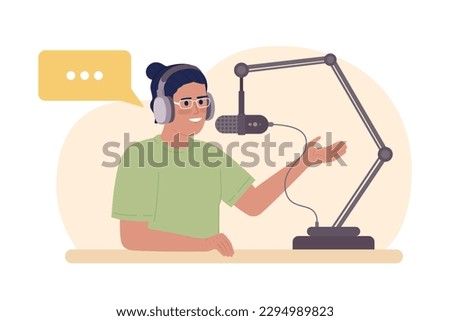 Commentator recording personal podcast 2D vector isolated spot illustration. Interviewer with microphone flat character on cartoon background. Colorful editable scene for mobile, website, magazine