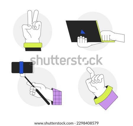 Millennials, gen z hands flat line vector spot illustration set. Holding selfie stick, laptop 2D cartoon outline first view hands on white for web UI design. Editable isolated colorful hero image pack