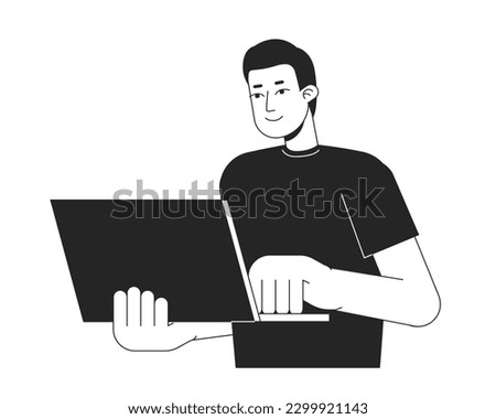 Guy standing with laptop bw vector spot illustration. Holding notebook with one hand 2D cartoon flat line monochromatic character on white for web UI design. Editable isolated outline hero image