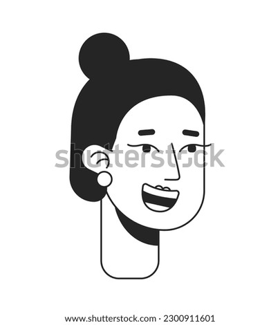 Attractive girl grinning widely monochrome flat linear character head. Cheerful lady. Editable outline hand drawn human face icon. 2D cartoon spot vector avatar illustration for animation