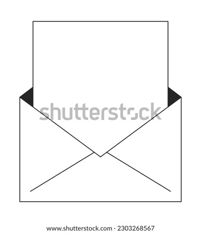 Open envelope with white blank card flat isolated outline vector object. Invitation mail. Editable black and white line art drawing. Simple monochrome spot illustration for web graphic design