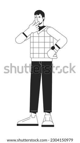 Contemplate pensive young man flat line black white vector character. Editable outline full body person. Casual guy thinking in full length simple cartoon isolated spot illustration for web design