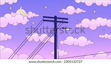 Telephone pole on dreamy night sky lo fi chill wallpaper. Electrical cables on evening sky 2D vector cartoon landscape illustration, vaporwave background. 80s retro album art, synthwave aesthetics