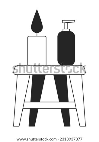 Stool with candles, spa product line art vector cartoon icon. Editorial, magazine spot illustration black and white. Outline object isolated on white. Editable 2D simple drawing, graphic design