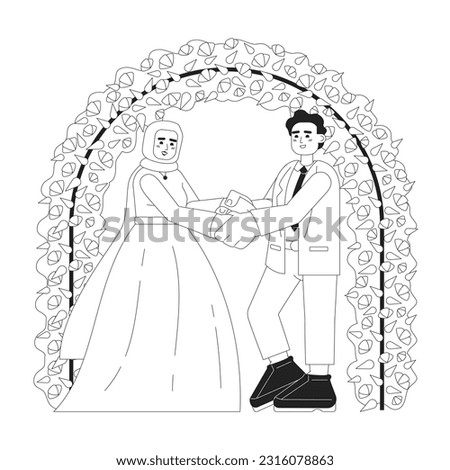 Malay wedding monochrome concept vector spot illustration. Bridal hijab woman and bridegroom 2D flat bw cartoon characters for web UI design. Muslim marriage isolated editable hand drawn hero image