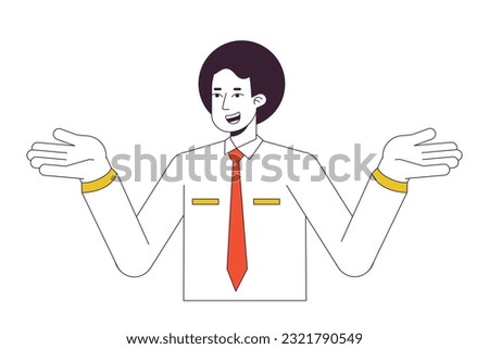 Confused smiling clerk man shrugging shoulders flat line color vector character. Editable outline half body person on white. Doubt gesture simple cartoon spot illustration for web graphic design