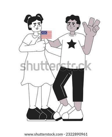 July 4 kids monochrome vector spot illustration. Latina girl and african american boy celebrating america independence day 2D flat bw cartoon characters for web UI design. Isolated editable hero image
