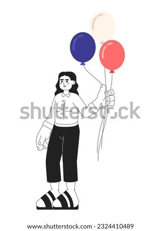 Arabic young woman holding red white and blue balloons monochromatic flat vector character. US holiday. Editable line full body person on white. Simple bw cartoon spot image for web graphic design