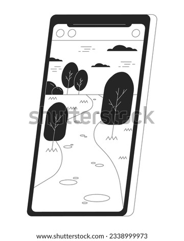 Mobile phone landscape flat monochrome isolated vector object. Phone taking picture. Smartphone. Editable black and white line art drawing. Simple outline spot illustration for web graphic design