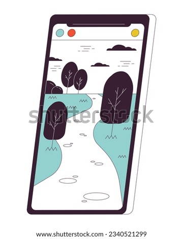 Mobile phone landscape flat line color isolated vector object. Phone taking picture. Smartphone. Editable clip art image on white background. Simple outline cartoon spot illustration for web design