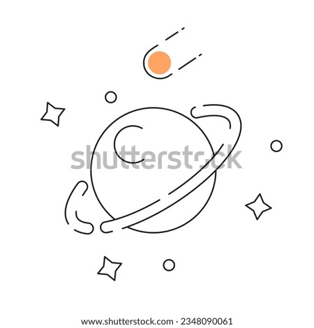 Circle around planet monochrome flat vector object. Bright stars and falling asteroid. Editable black and white thin line icon. Simple cartoon clip art spot illustration for web graphic design