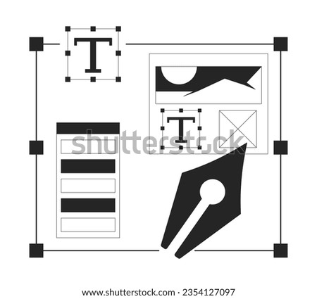 Graphic designer software flat monochrome isolated vector object. Text, color palette and pen nib. Editable black and white line art drawing. Simple outline spot illustration for web graphic design