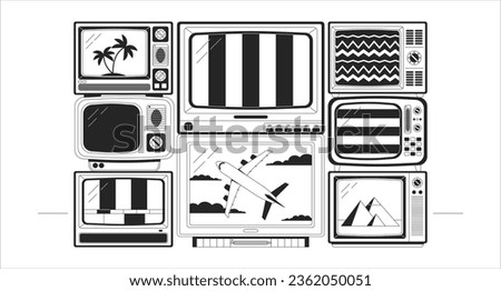 Old tv black and white lo fi aesthetic wallpaper. Electrical appliances. TV signal noise outline 2D vector cartoon objects illustration, monochrome lofi background. Bw 90s retro album art, chill vibes