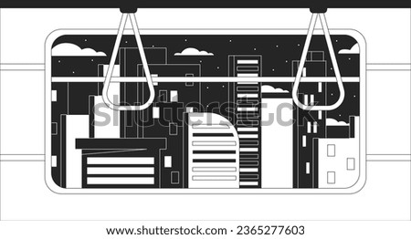 Skyscrapers from subway window black and white chill lo fi background. Night in city outline 2D vector cartoon cityscape illustration, monochromatic lofi wallpaper desktop. Bw 90s retro art