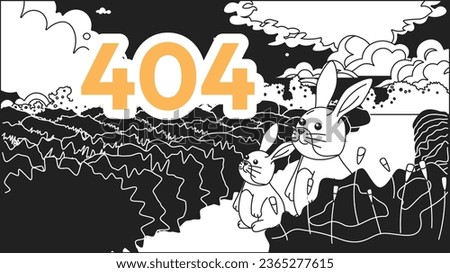 Dreamy rabbits looking on sky black white error 404 flash message. Monochrome website landing page ui design. Not found cartoon image, kawaii vibes. Vector flat outline illustration concept