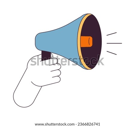 Holding megaphone flat line color isolated vector hand. Speaking trumpet. Loud sound. Editable clip art image on white background. Simple outline cartoon spot illustration for web design