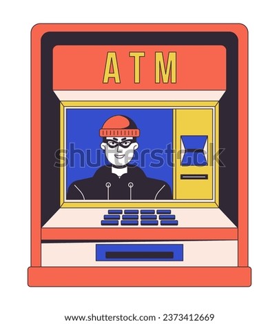 ATM fraud flat line concept vector spot illustration. Thief stealing money. Online banking 2D cartoon outline object on white for web UI design. Cybercrime editable isolated color hero image