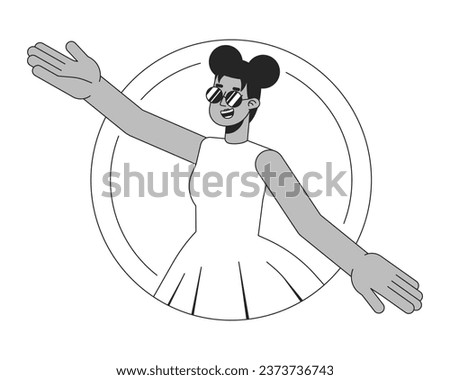 African american girl in glasses flat line black white vector character. Young woman throw up hands. Editable outline half body person. Simple cartoon isolated spot illustration for web graphic design