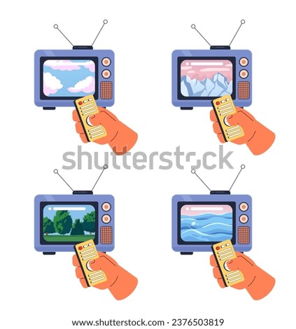 Peaceful landscapes retro tv watching 2D illustration concepts set. Remote control, dreamy mood isolated cartoon character hands collection, white background. Metaphors abstract flat vector graphic