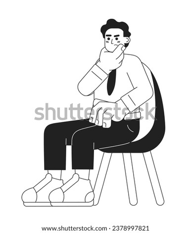 Middle eastern man rubbing chin black and white 2D cartoon character. Brainstorm male office worker sitting on chair isolated vector outline person. Thinking guy monochromatic flat spot illustration