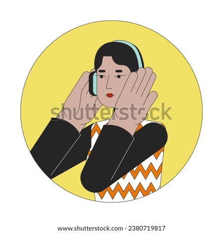 Headphones middle eastern woman 2D line vector avatar illustration. Happy melomaniac arab girl outline cartoon character face. Podcast listening, enjoying music flat color user profile image isolated