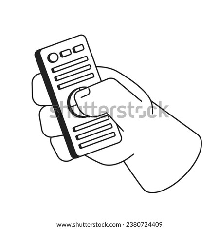 Clicking remote control device cartoon hand outline illustration. Pressing buttons on tv remote controller 2D isolated black and white vector image. Change channels flat monochromatic drawing clip art
