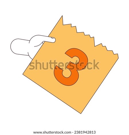 Tear-off calendar page day 3 linear cartoon character hand illustration. Holding calendar page outline 2D vector image, white background. Ripped off note with number editable flat color clipart