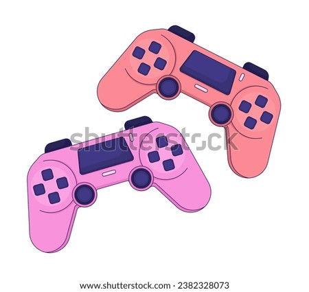 Joysticks two players 2D linear cartoon object. Playing together on gamepads isolated line vector element white background. Competitive video gaming friends devices color flat spot illustration