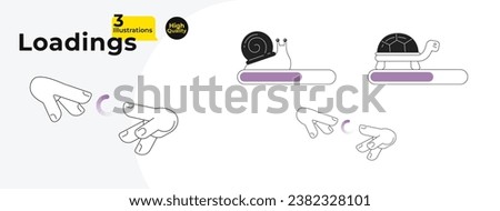 Snail turtle outline loading bars, spinner vector illustration bundle. Two hands touching. Web loaders ui ux. Graphical user interface collection. Monochrome cartoon flat design on white background