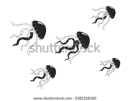 Swarm jellyfish swimming together black and white 2D line cartoon object. Group of jelly medusa floating isolated vector outline item. Sea creatures underwater monochromatic flat spot illustration