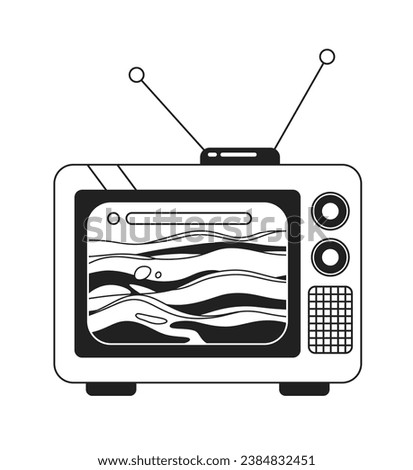 Waves ocean on old tv vintage black and white 2D cartoon object. Old fashioned retro television program isolated vector outline item. Watching nostalgia show monochromatic flat spot illustration