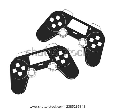 Joysticks two players black and white 2D line cartoon object. Playing together on gamepads isolated vector outline item. Competitive video gaming friends devices monochromatic flat spot illustration